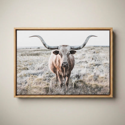Modern Farmhouse Longhorn Art Canvas-Natural Oak Float Frame / 12 x 18 Inches