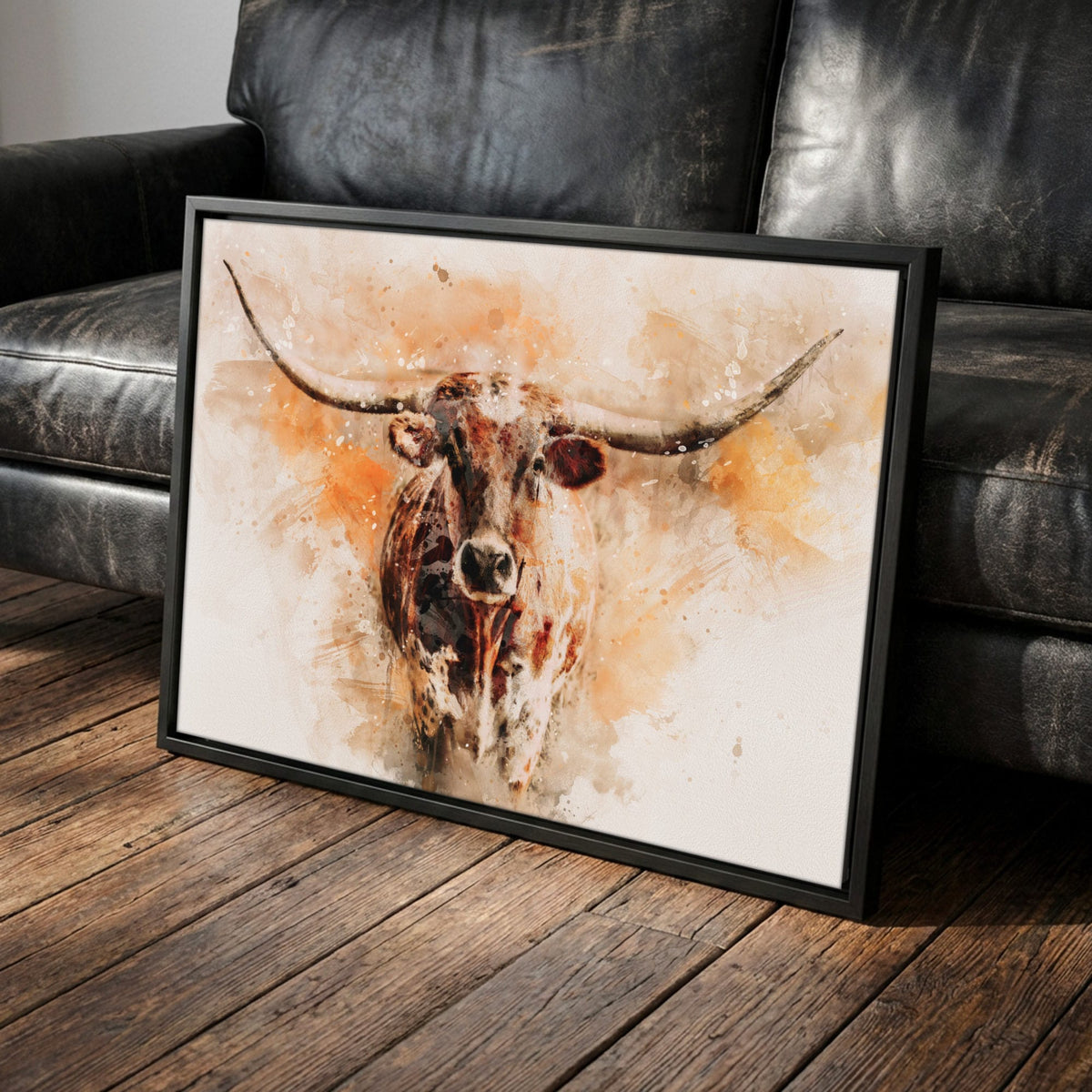 Modern Western Longhorn Art | Watercolor-Effect Canvas Canvas-Black Frame / 12 x 18 Inches