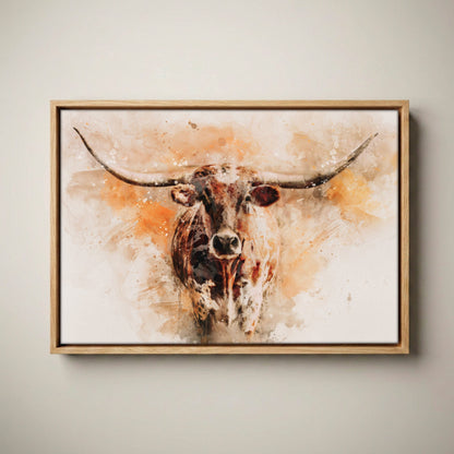 Modern Western Longhorn Art | Watercolor-Effect Canvas Canvas-Natural Oak Float Frame / 12 x 18 Inches