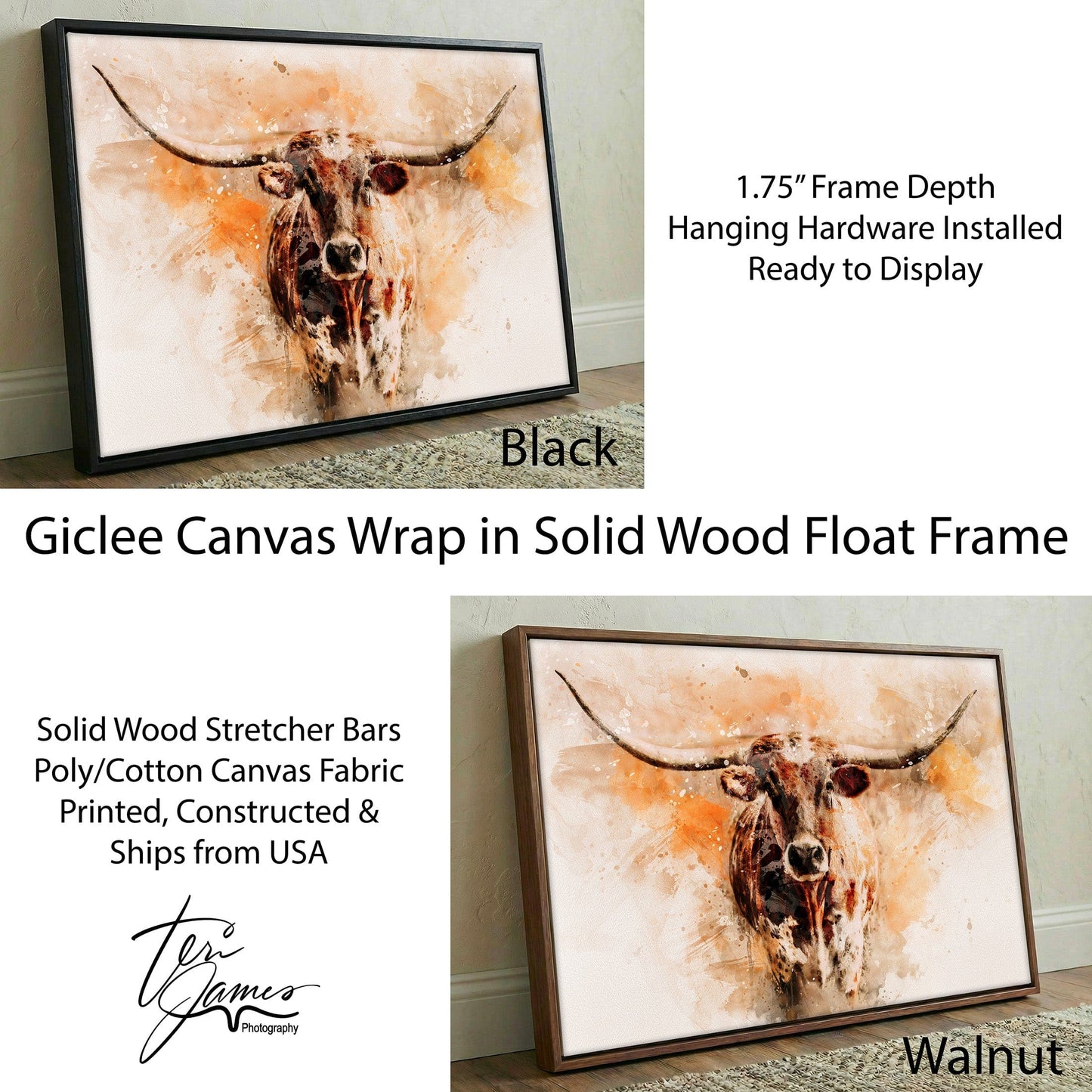 Modern Western Longhorn Art Watercolor Painting Canvas-Black Frame / 12 x 18 Inches Wall Art Teri James Photography