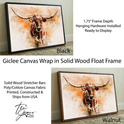 Modern Western Longhorn Art Watercolor Painting Canvas-Black Frame / 12 x 18 Inches Wall Art Teri James Photography