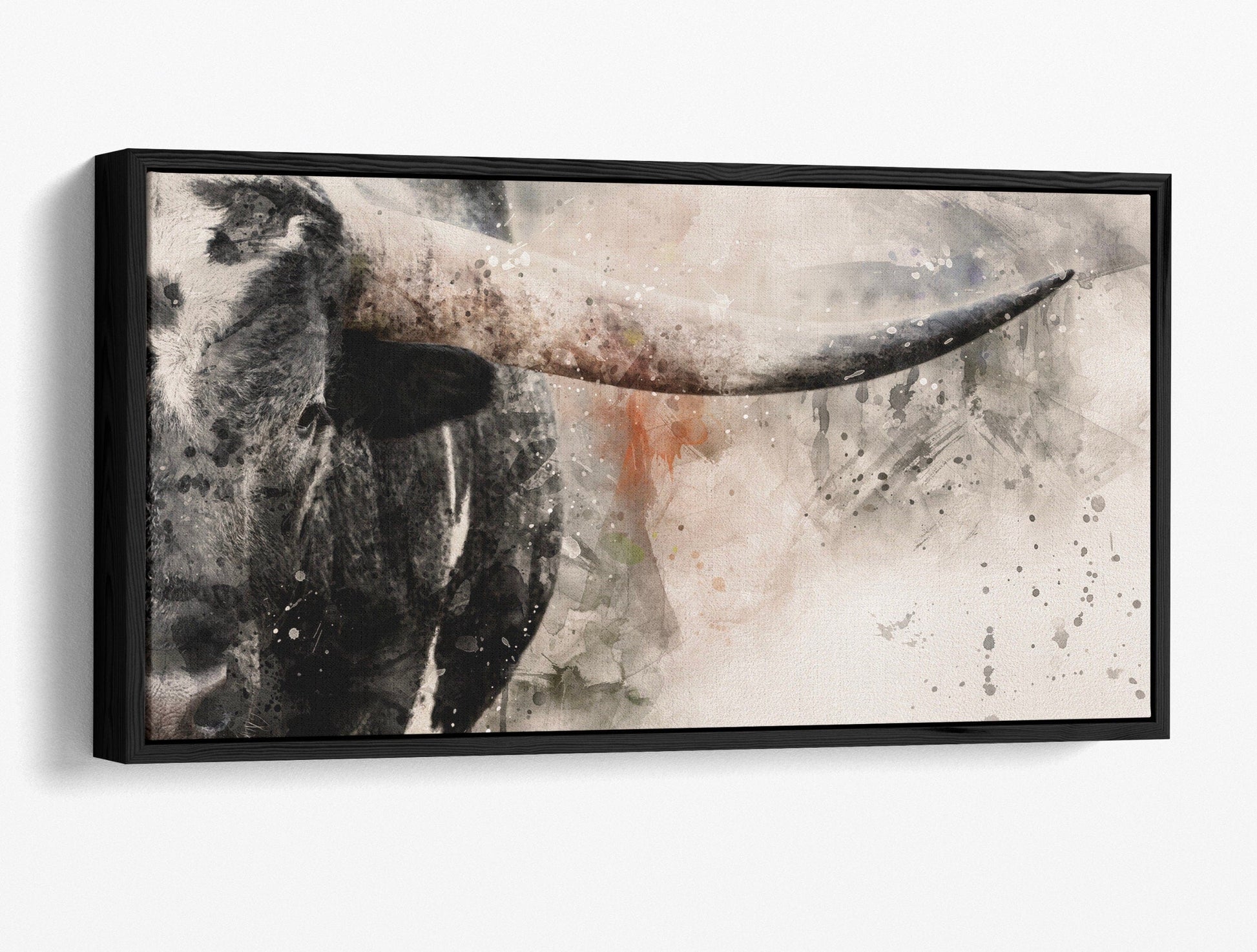 Modern Western Wall Decor - Texas Longhorn Panoramic Canvas-Black Frame / 10 x 20 Inches Wall Art Teri James Photography