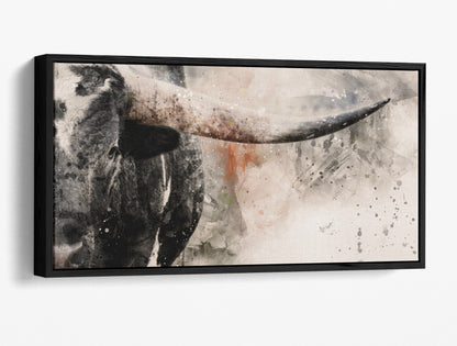 Modern Western Wall Decor - Texas Longhorn Panoramic Canvas-Black Frame / 10 x 20 Inches Wall Art Teri James Photography
