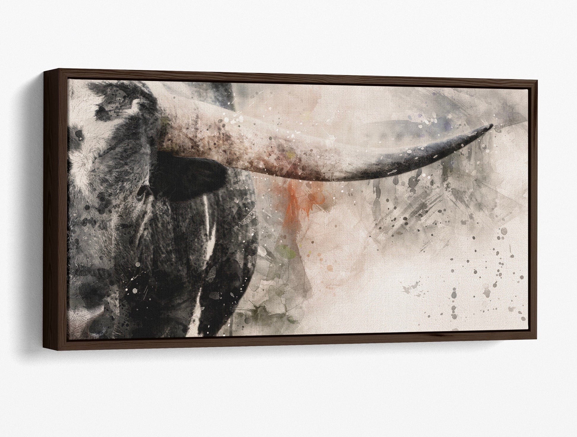 Modern Western Wall Decor - Texas Longhorn Panoramic Canvas-Walnut Frame / 10 x 20 Inches Wall Art Teri James Photography