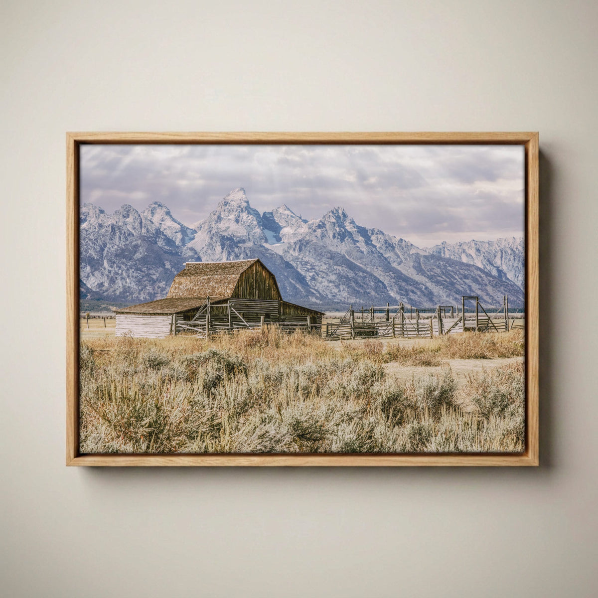 Moulton Barn Wall Art - Grand Teton Mountain Landscape Canvas-Natural Oak Float Frame / 12 x 18 Inches