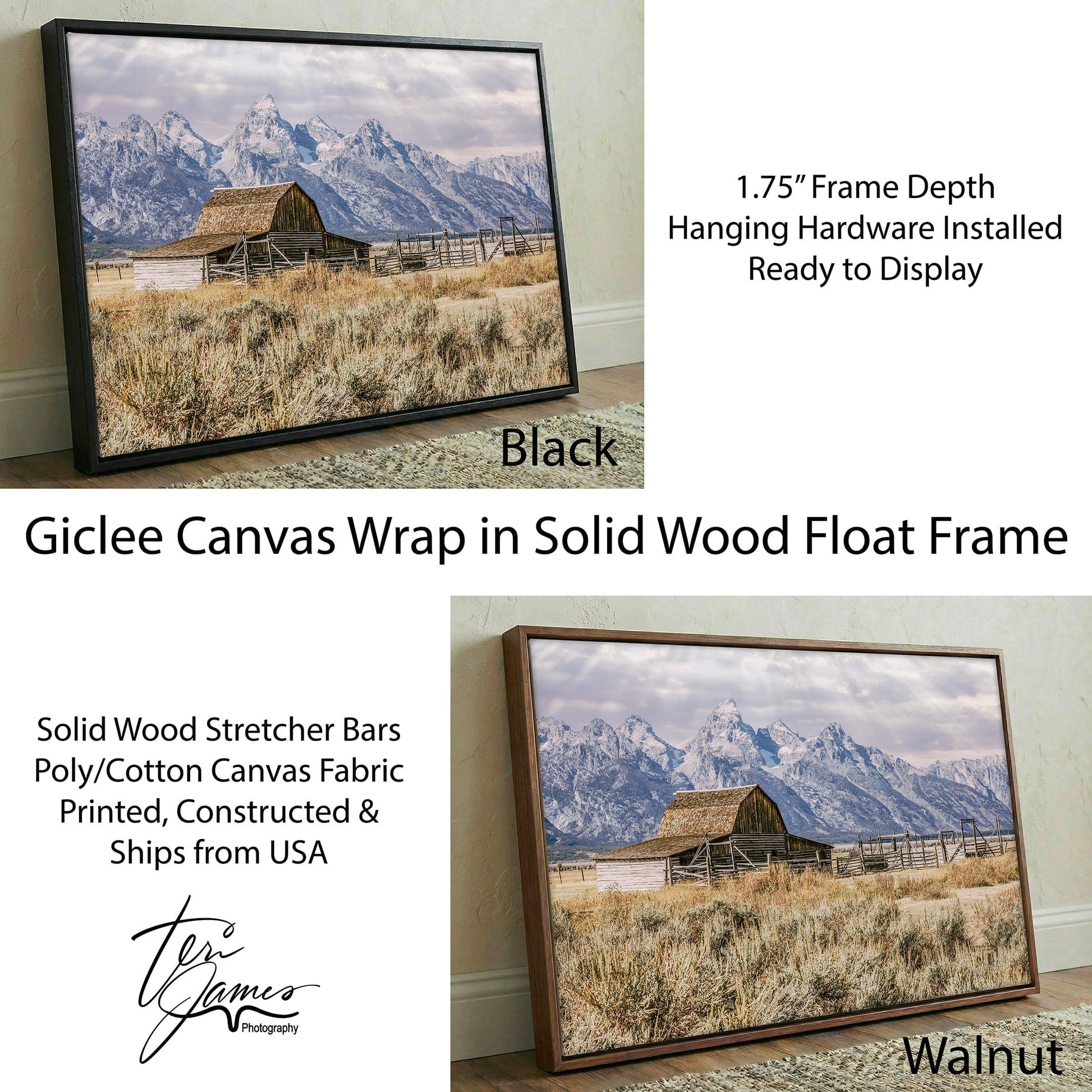 Moulton Barn Wall Art - Rustic Mountain Landscape Art with Grand Teton Canvas Print Canvas-Black Frame / 12 x 18 Inches Wall Art Teri James Photography