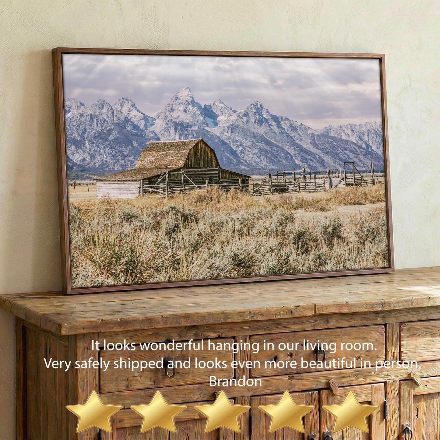 Moulton Barn Wall Art - Rustic Mountain Landscape Art with Grand Teton Canvas Print Wall Art Teri James Photography