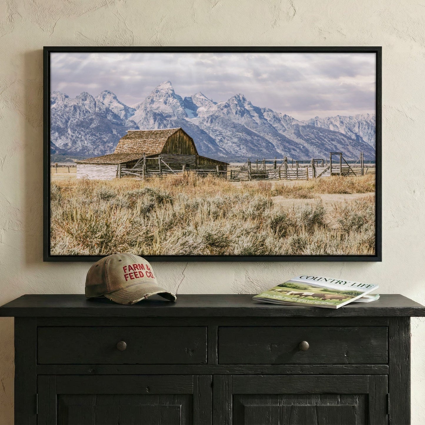 Moulton Barn Wall Art - Rustic Mountain Landscape Art with Grand Teton Canvas Print Wall Art Teri James Photography