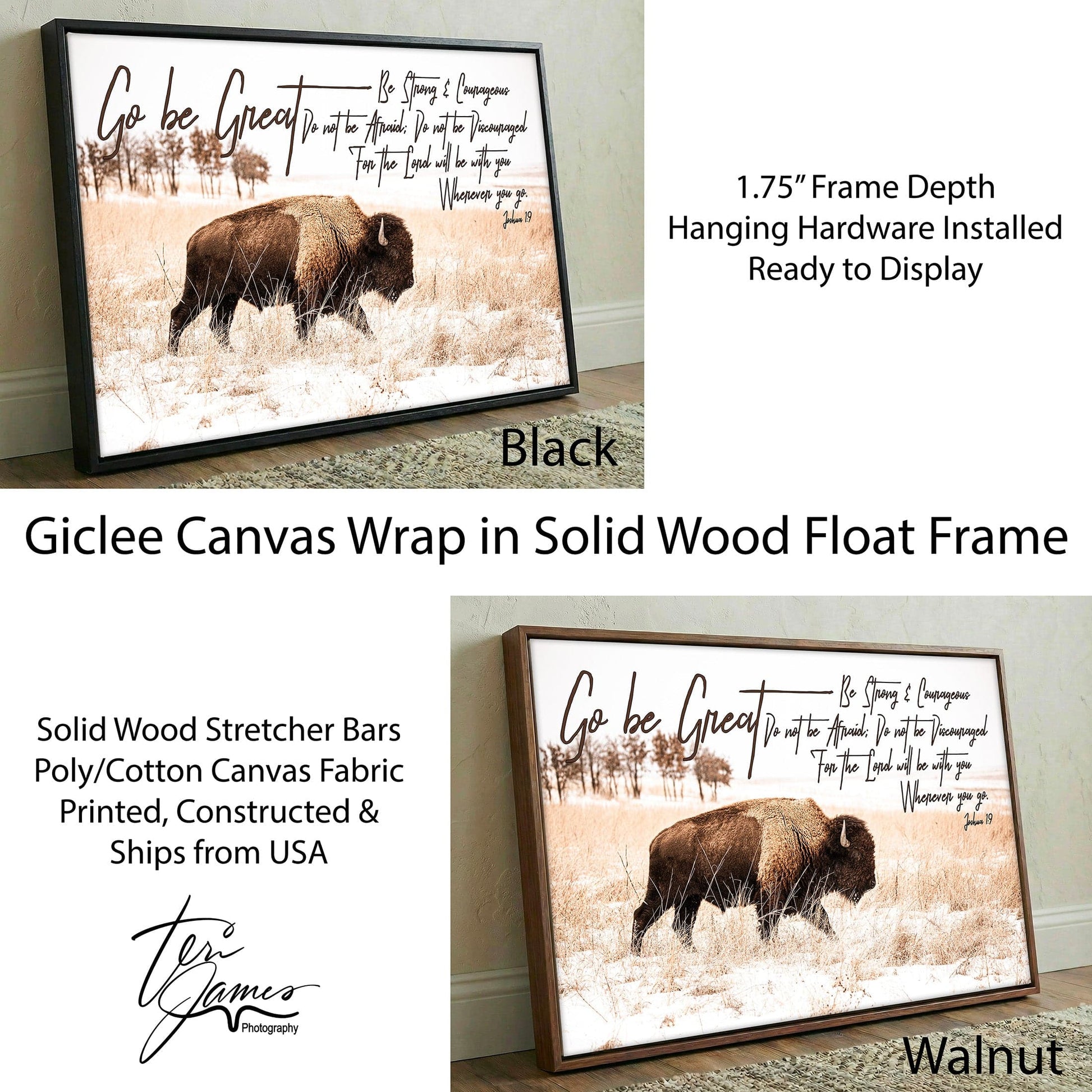 Newborn Nursery Gift - Bison Wall Decor With Bible Verse Canvas Print Canvas-Black Frame / 12 x 18 Inches Wall Art Teri James Photography
