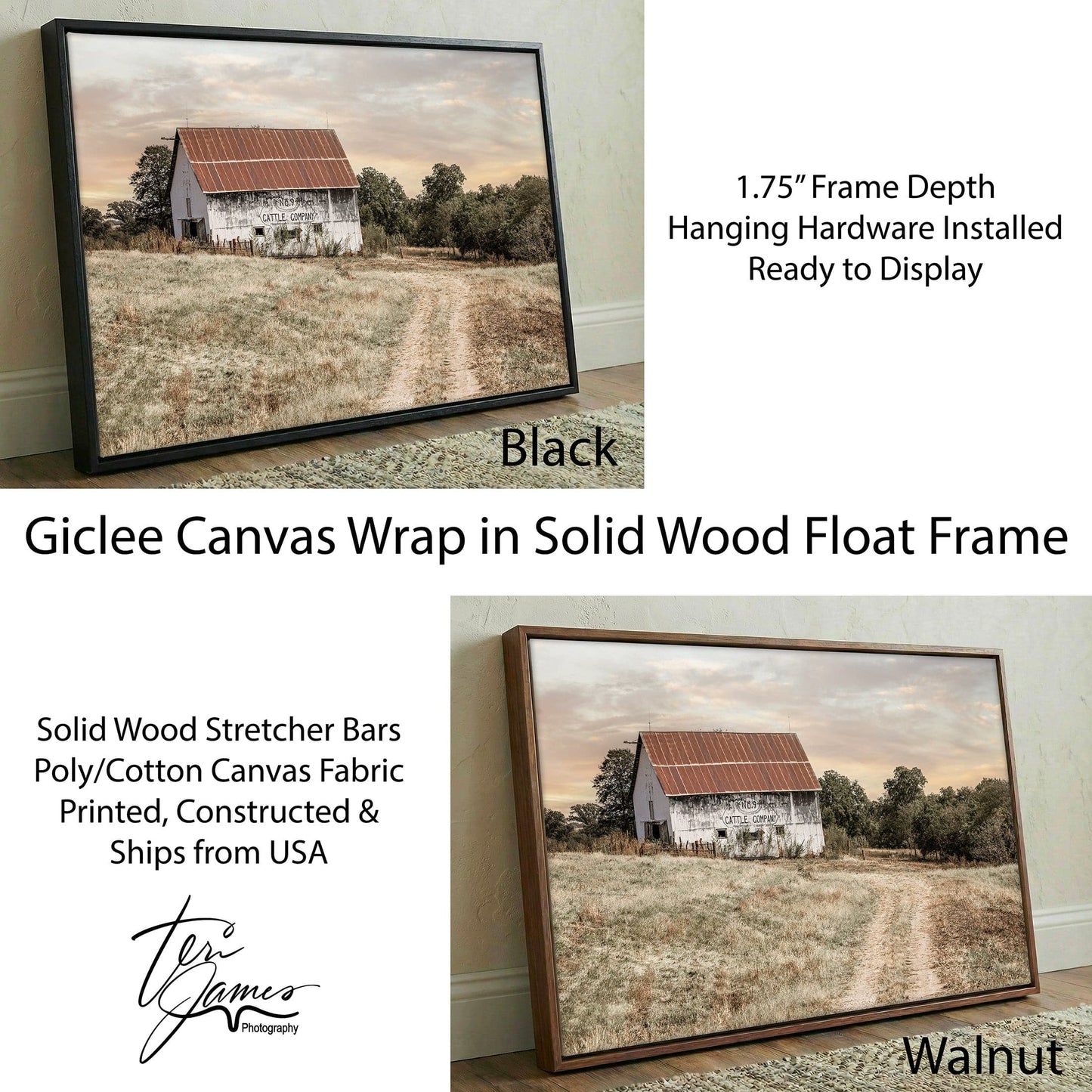 No 9 Cattle Company Barn - Rustic Farmhouse Decor Canvas Wall Art Print Canvas-Black Frame / 12 x 18 Inches Wall Art Teri James Photography