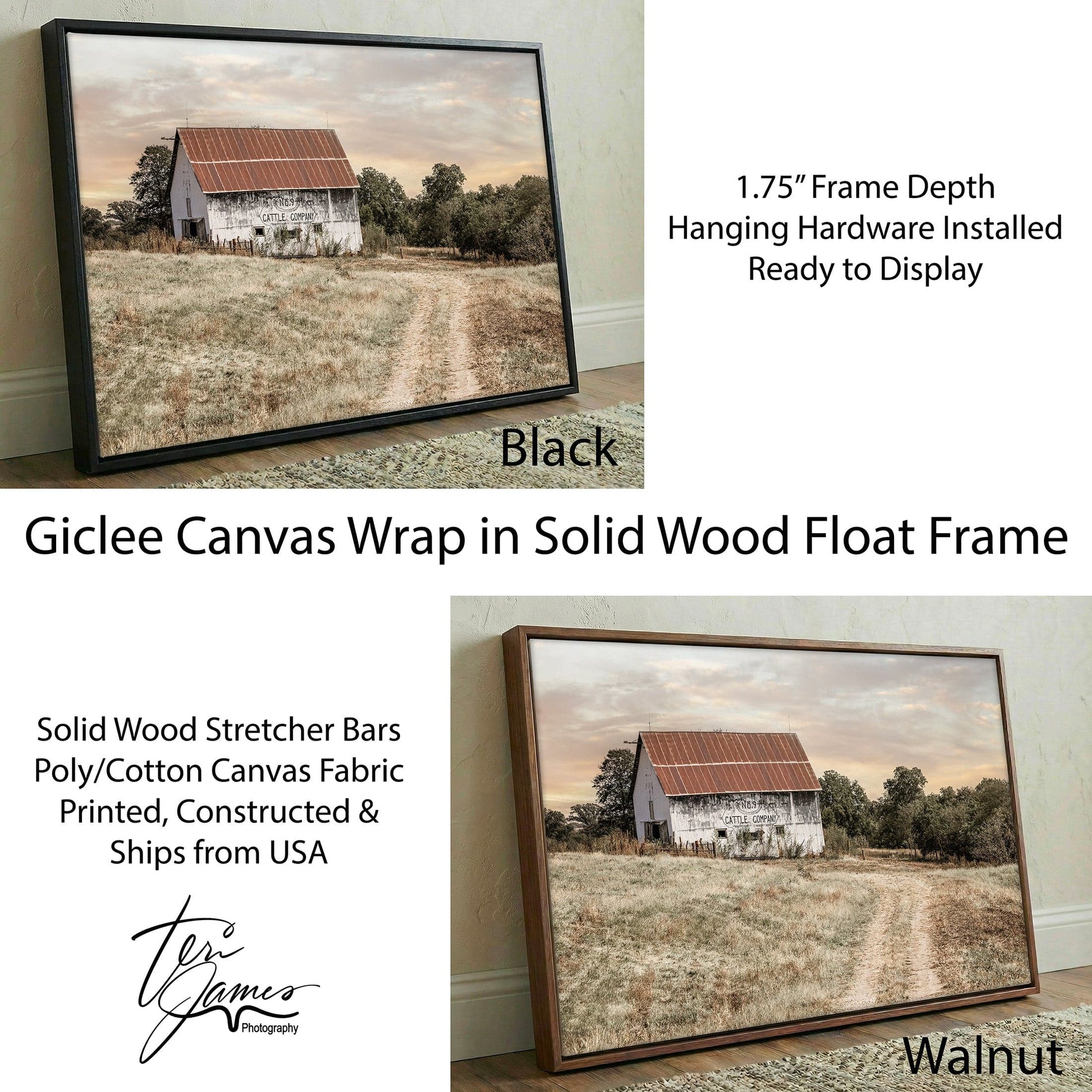 No 9 Cattle Company Barn - Rustic Farmhouse Decor Canvas Wall Art Print Canvas-Black Frame / 12 x 18 Inches Wall Art Teri James Photography