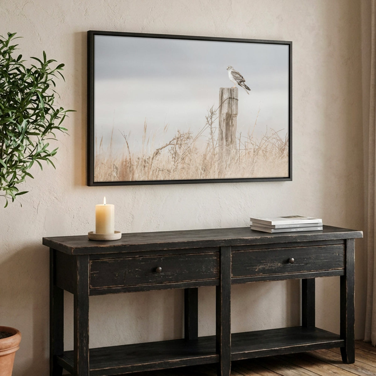 Northern Harrier Hawk Print – Rustic Wildlife Wall Art Canvas-Black Frame / 12 x 18 Inches