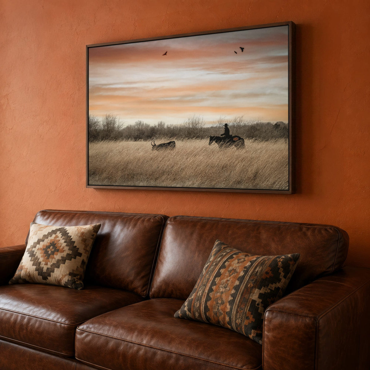 Oklahoma State University Wall Art - Cowboy, Horse and Longhorn Canvas-Walnut Frame / 12 x 18 Inches