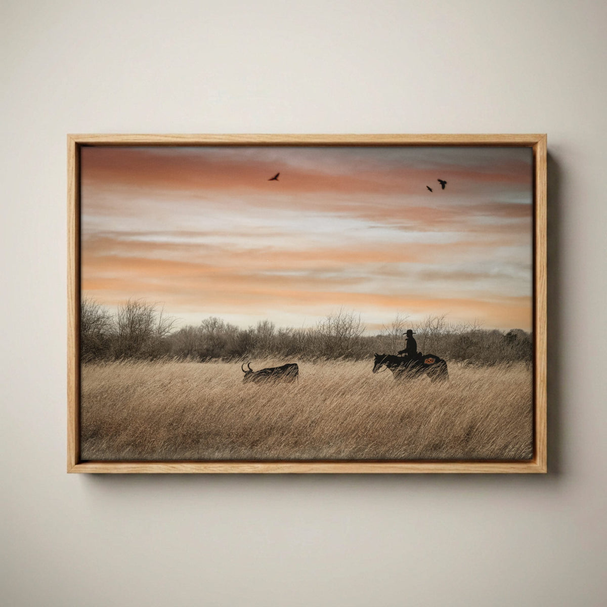 Oklahoma State University Wall Art - Cowboy, Horse and Longhorn Canvas-Natural Oak Float Frame / 12 x 18 Inches