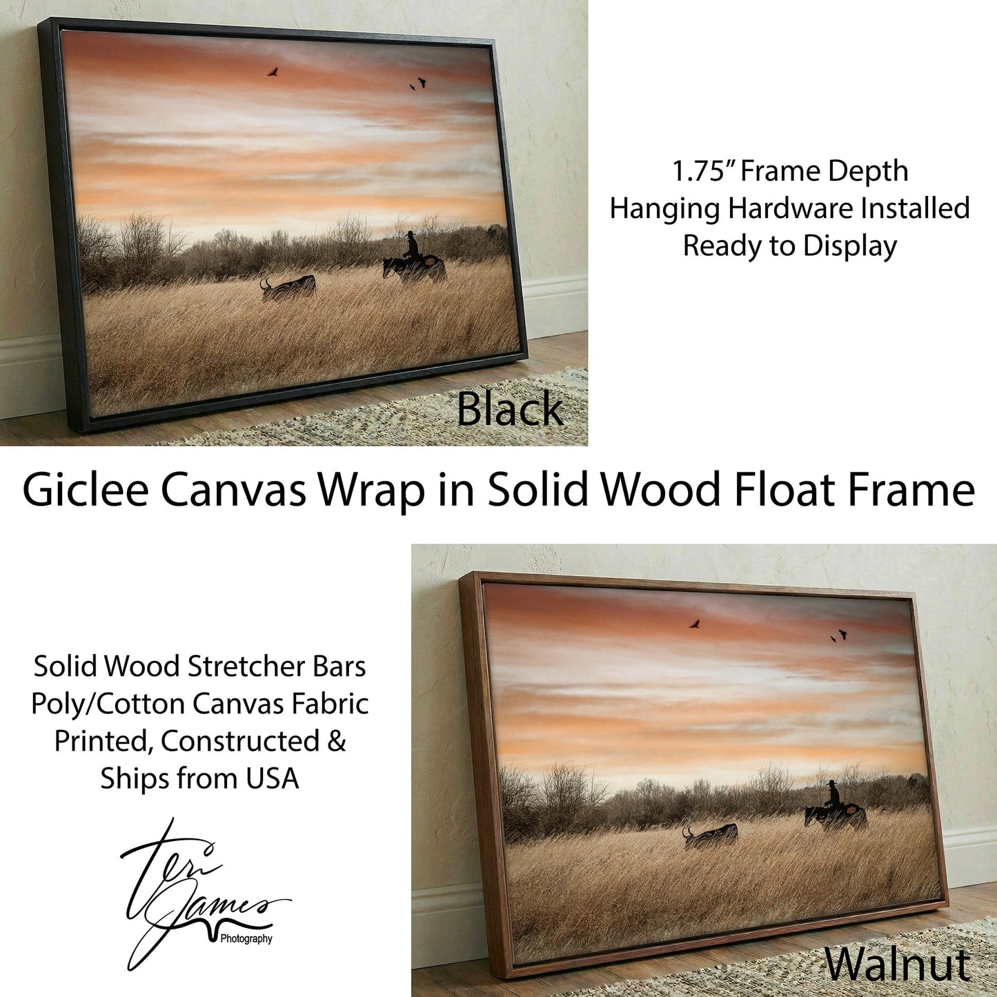 Oklahoma State University Wall Art - Cowboy, Horse and Longhorn Canvas-Black Frame / 12 x 18 Inches Wall Art Teri James Photography