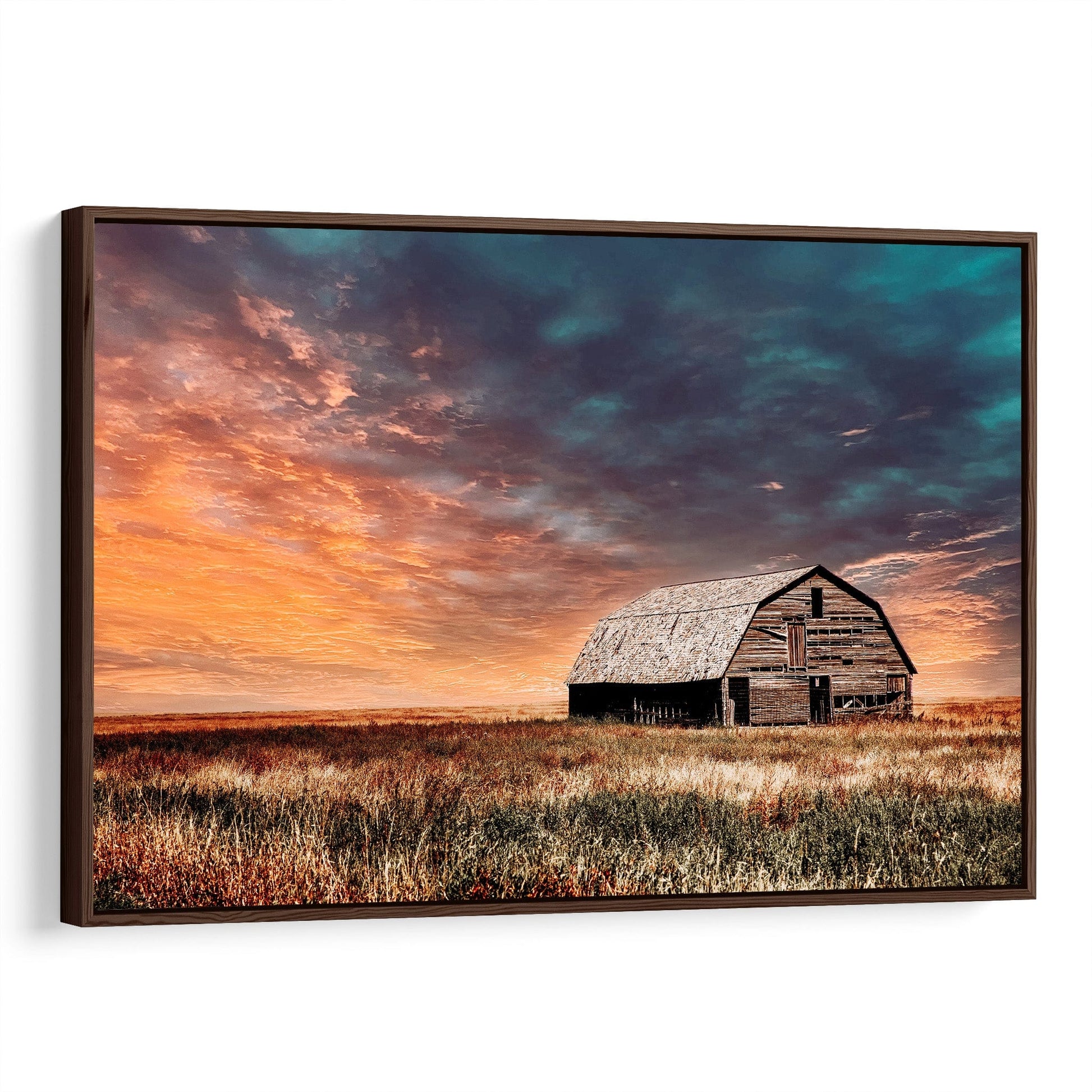 Old Barn and Colorful Sunset Wall Art Canvas-Walnut Frame / 12 x 18 Inches Wall Art Teri James Photography
