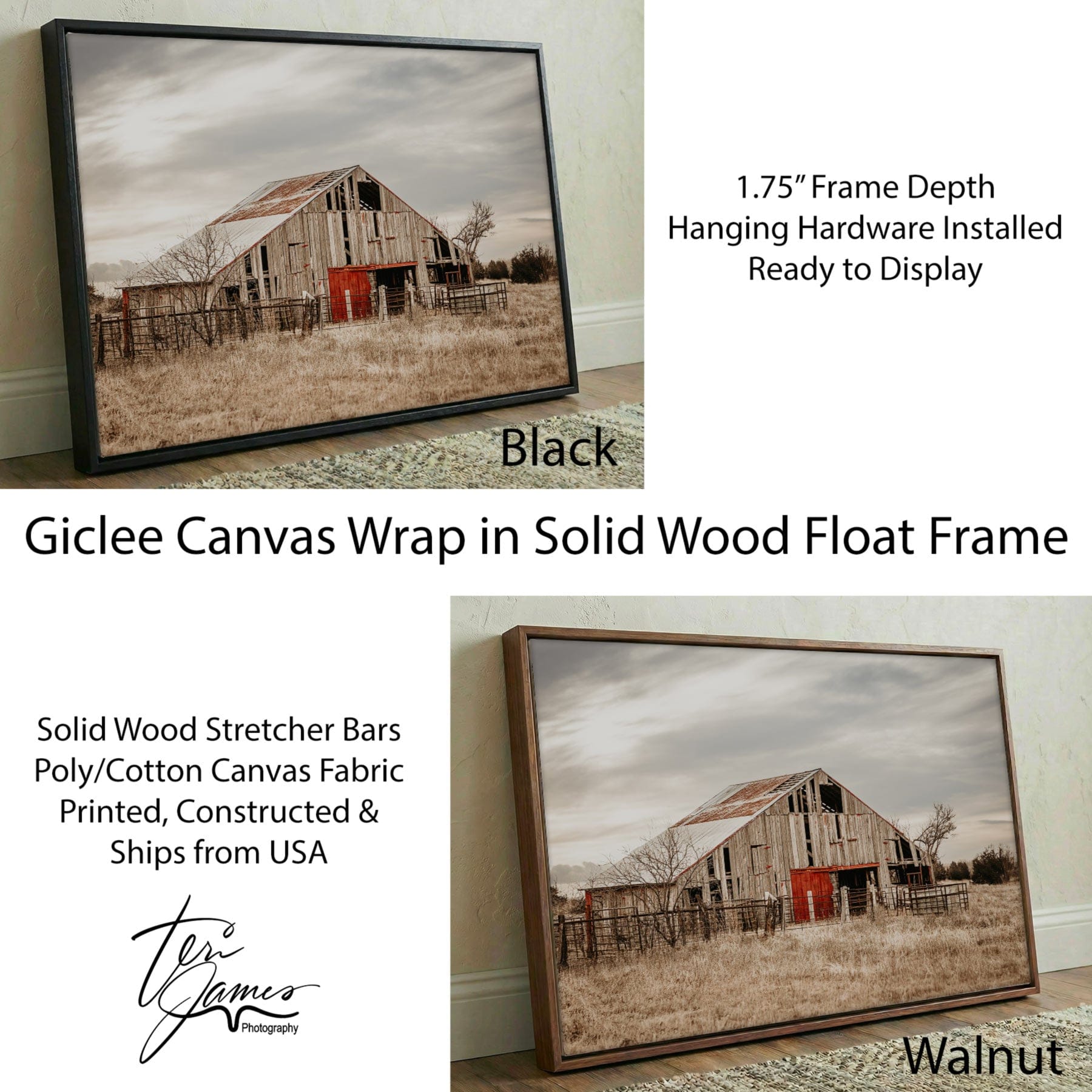 Old Barn Farmhouse Wall Art - Rustic Oklahoma Canvas-Walnut Frame / 12 x 18 Inches