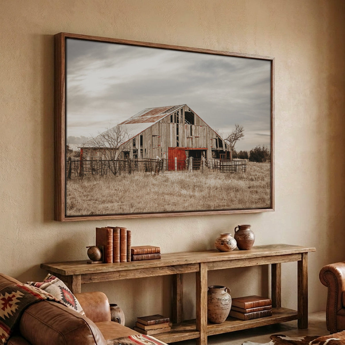 Old Barn Farmhouse Wall Art - Rustic Oklahoma Canvas-Walnut Frame / 12 x 18 Inches
