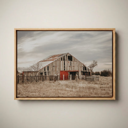 Old Barn Farmhouse Wall Art - Rustic Oklahoma Canvas-Natural Oak Float Frame / 12 x 18 Inches