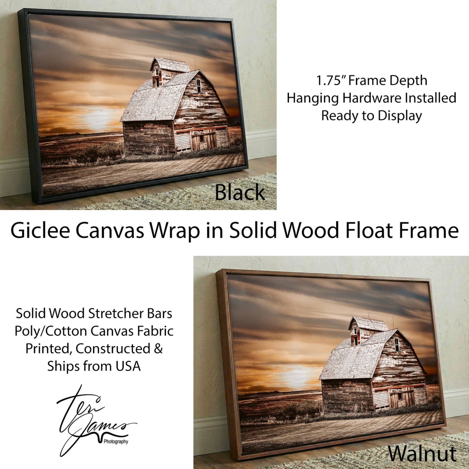 Old Barn Sunset Wall Art - Rustic Farmhouse Decor Canvas-Black Frame / 12 x 18 Inches Wall Art Teri James Photography