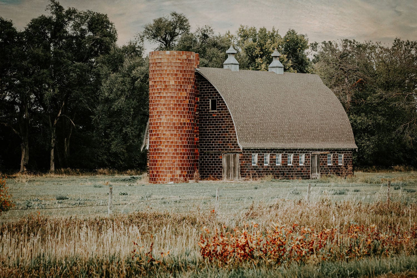 Old Brick Barn and Silo Paper Photo Print / 12 x 18 Inches Wall Art Teri James Photography