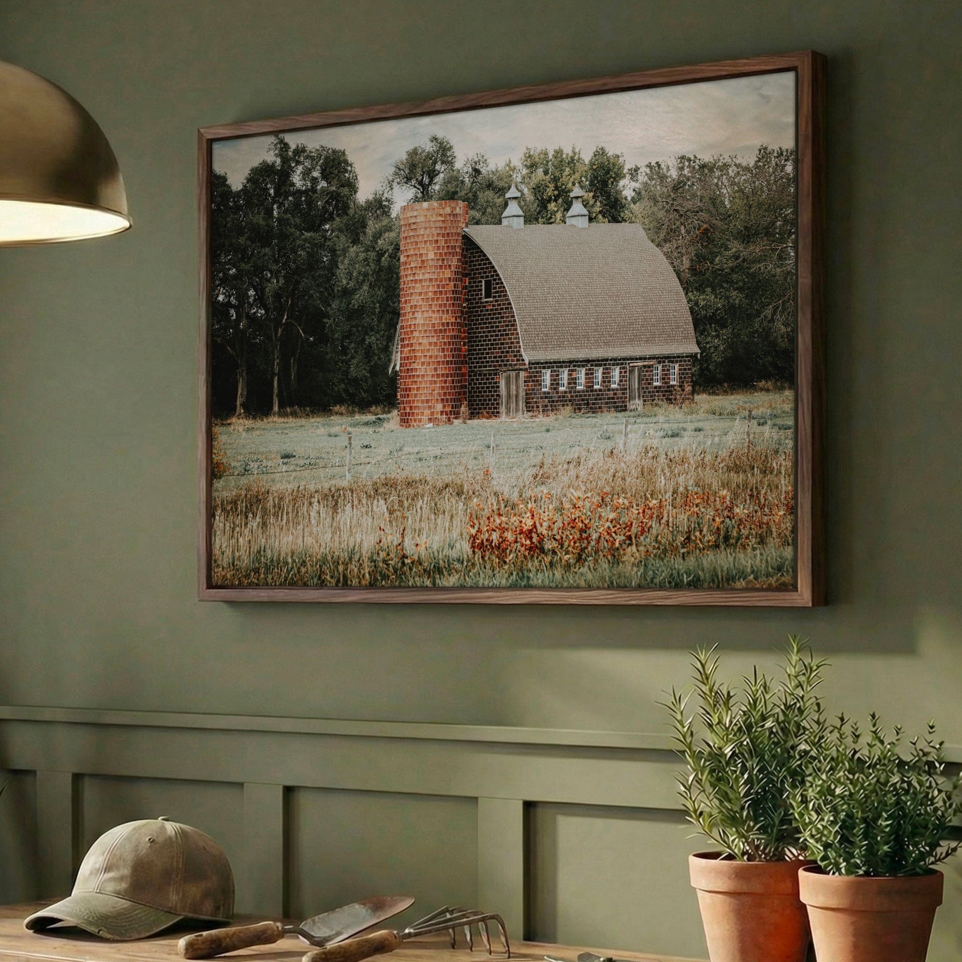 Old Brick Barn Art - Rustic Farmhouse Decor Canvas-Walnut Frame / 12 x 18 Inches