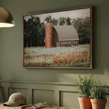 Old Brick Barn Art - Rustic Farmhouse Decor Canvas-Walnut Frame / 12 x 18 Inches