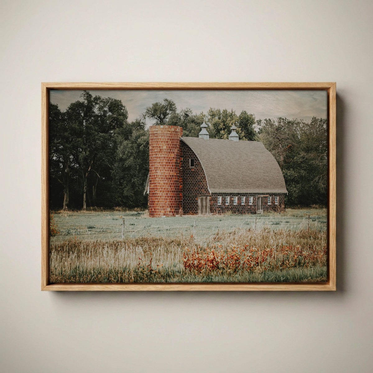 Old Brick Barn Art - Rustic Farmhouse Decor Canvas-Natural Oak Float Frame / 12 x 18 Inches