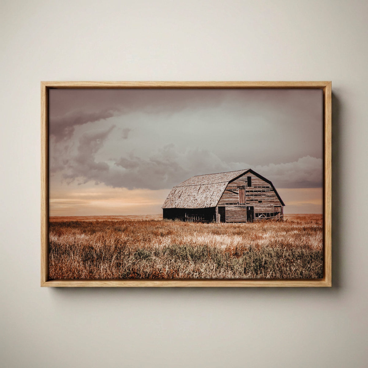Old Oklahoma Barn Canvas - Rustic Farmhouse Canvas-Natural Oak Float Frame / 12 x 18 Inches