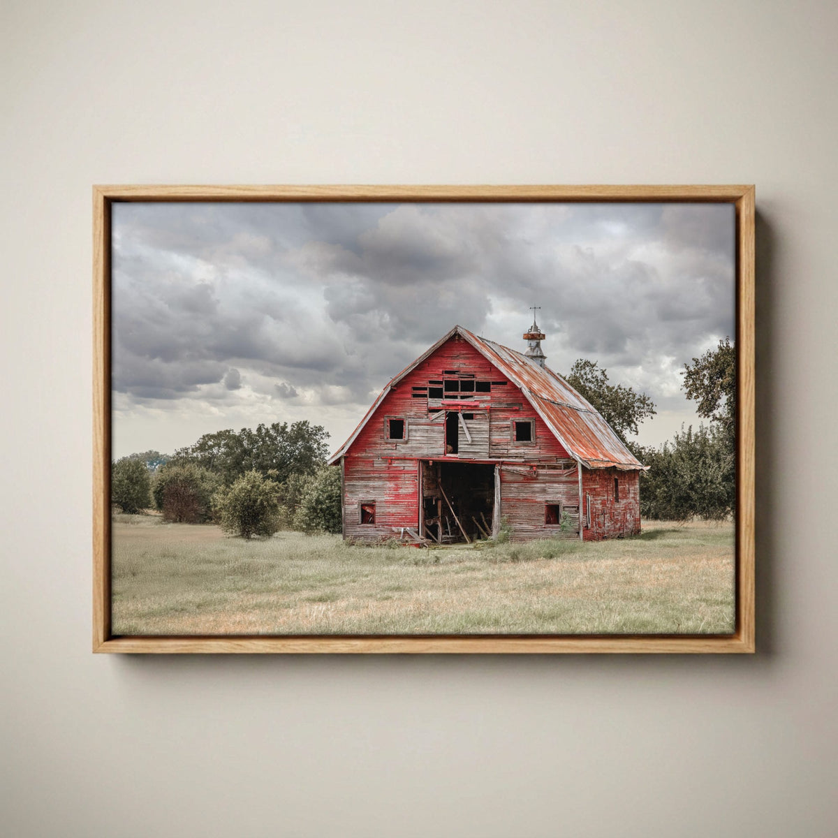 Old Oklahoma Red Barn Canvas - Rustic Farmhouse Canvas-Natural Oak Float Frame / 12 x 18 Inches