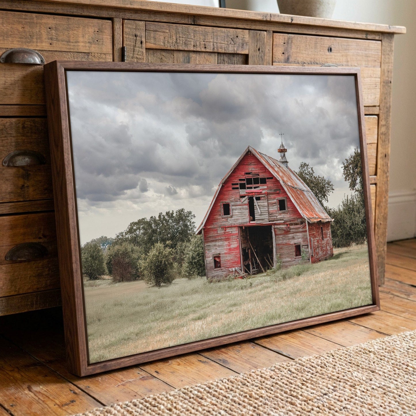 Old Oklahoma Red Barn Canvas - Rustic Farmhouse Canvas-Walnut Frame / 12 x 18 Inches