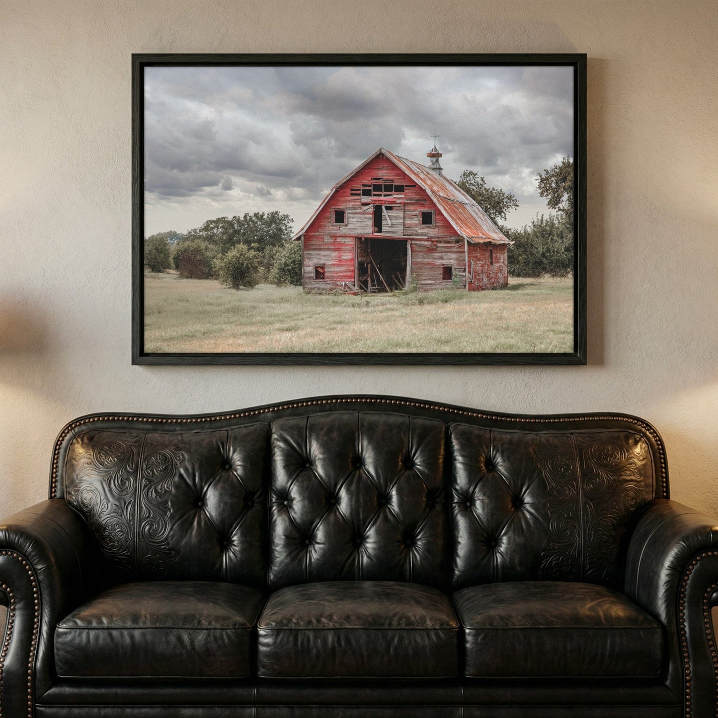 Old Oklahoma Red Barn Canvas - Rustic Farmhouse Canvas-Black Frame / 12 x 18 Inches