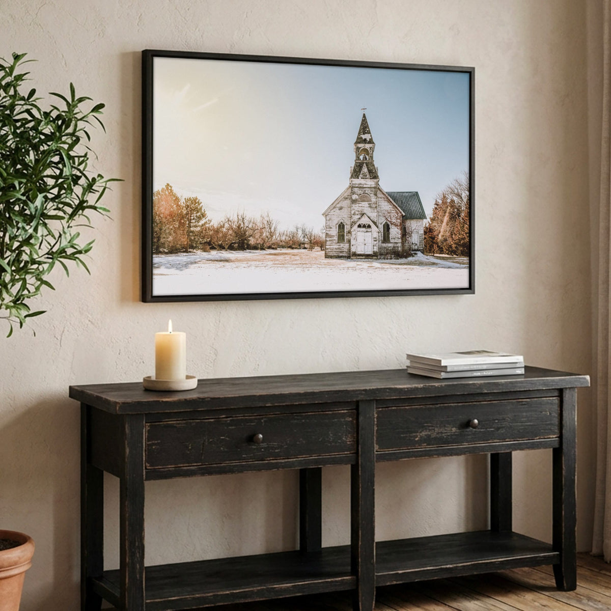 Old White Church Canvas - Vintage Church Canvas Wall Art Canvas-Black Frame / 12 x 18 Inches
