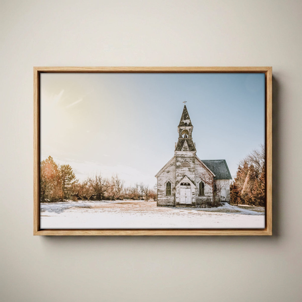 Old White Church Canvas - Vintage Church Canvas Wall Art Canvas-Natural Oak Float Frame / 12 x 18 Inches