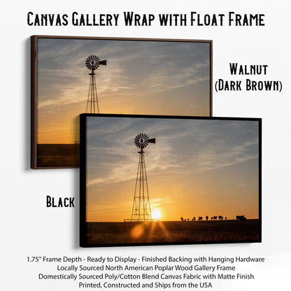 Old Windmill at Sunset with Angus Cattle Canvas-Black Frame / 12 x 18 Inches Wall Art Teri James Photography