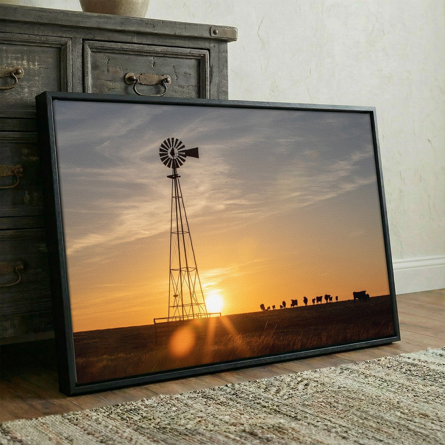 Old Windmill at Sunset with Angus Cattle Wall Art Teri James Photography