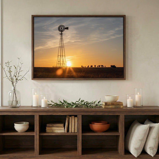 Old Windmill at Sunset with Angus Cattle Wall Art Teri James Photography