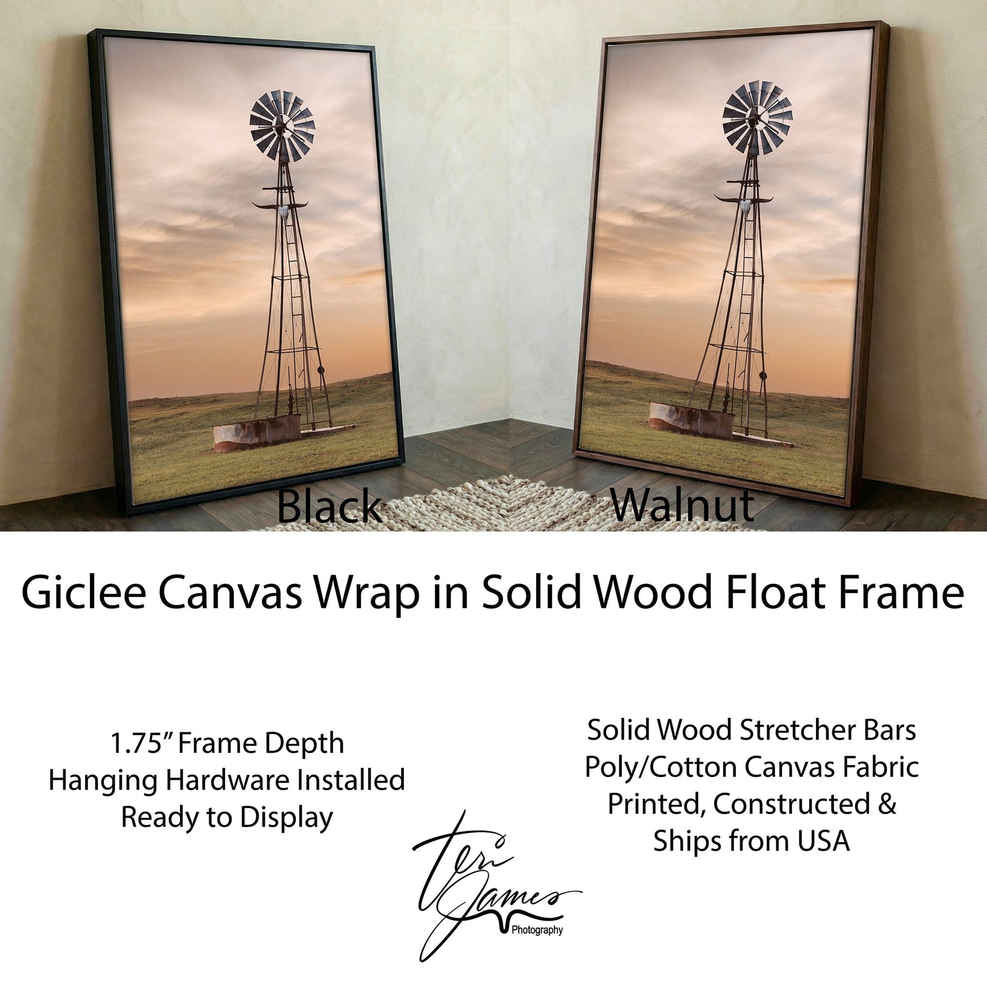 Old Windmill Decor - Rustic Wall Art with Longhorn Skull for Western Home Canvas-Black Frame / 12 x 18 Inches Wall Art Teri James Photography