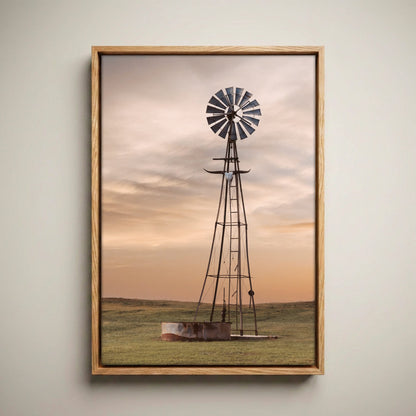 Old Windmill Decor - Rustic Wall Art with Longhorn Skull Canvas-Natural Oak Float Frame / 12 x 18 Inches