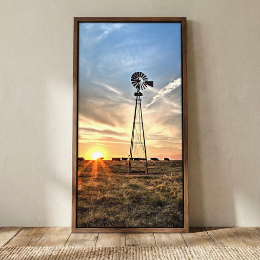 Old Windmill Vertical Panorama - Tall Narrow Wall Art Canvas-Walnut Frame / 10 x 20 Inches