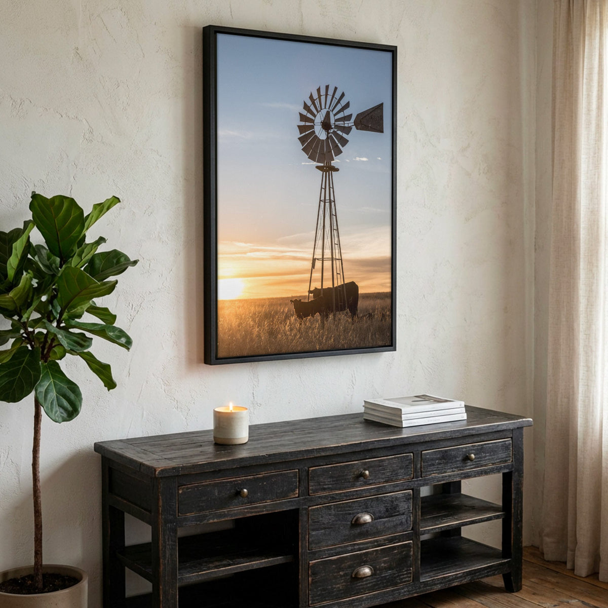 Old Windmill Wall Art - Rustic Farmhouse Style Artwork Canvas-Black Frame / 12 x 18 Inches