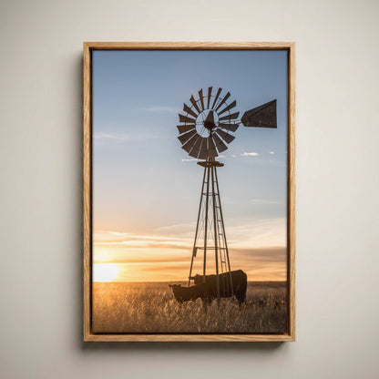 Old Windmill Wall Art - Rustic Farmhouse Style Artwork Canvas-Natural Oak Float Frame / 12 x 18 Inches