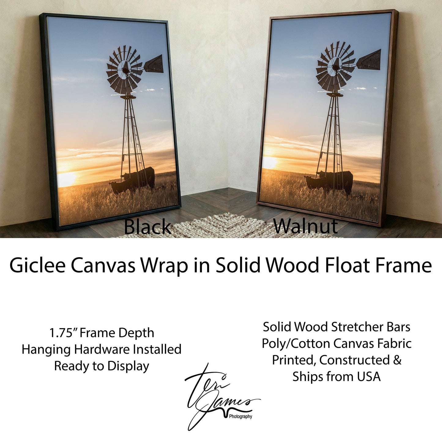 Old Windmill Wall Art - Rustic Farmhouse Style Artwork with Black Angus Cattle Print Canvas-Black Frame / 12 x 18 Inches Wall Art Teri James Photography