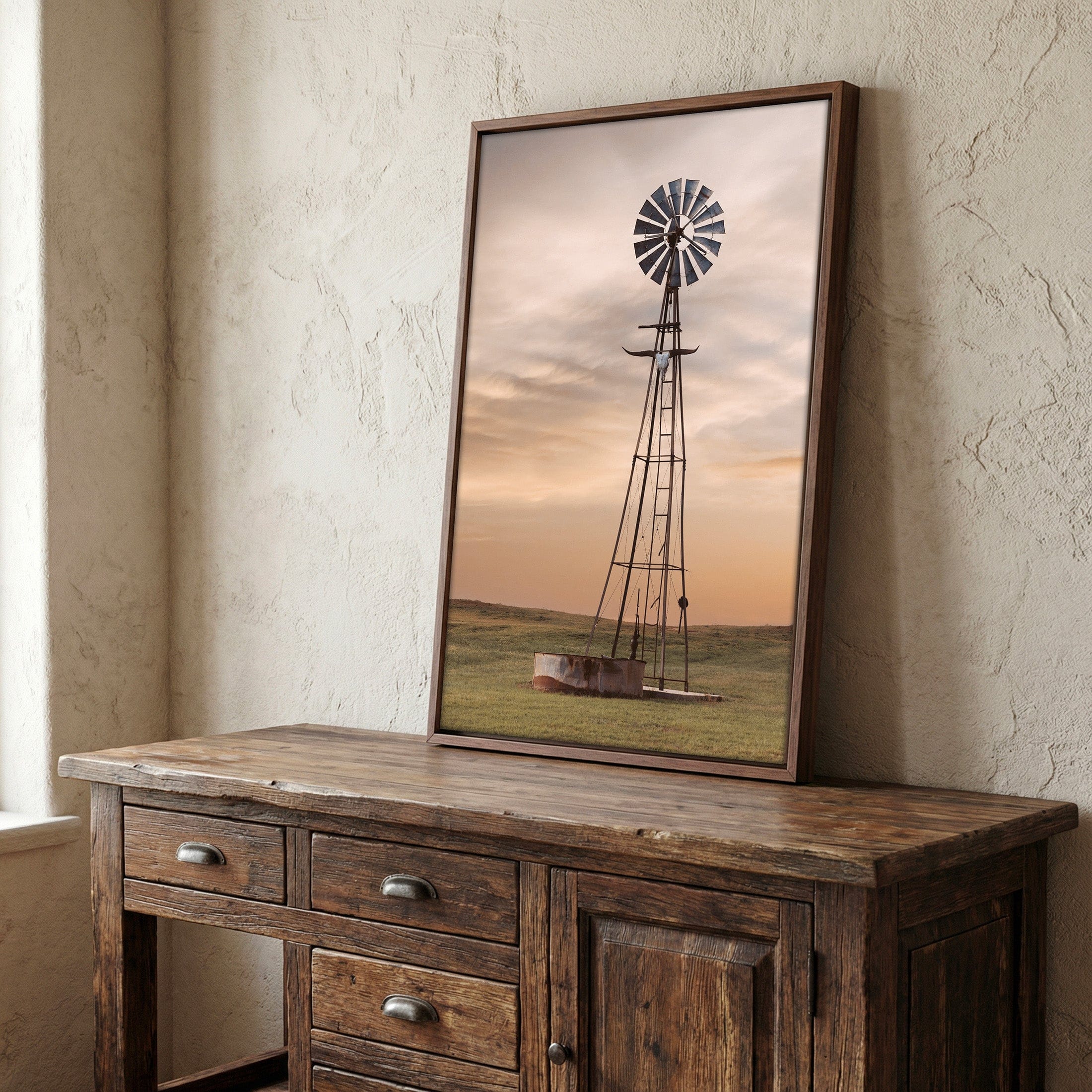 軒瓦 古瓦 モダン アンティーク ヴィンテージ レトロ wall art US Old Windmill with Longhorn Skull: Timeless Western Style