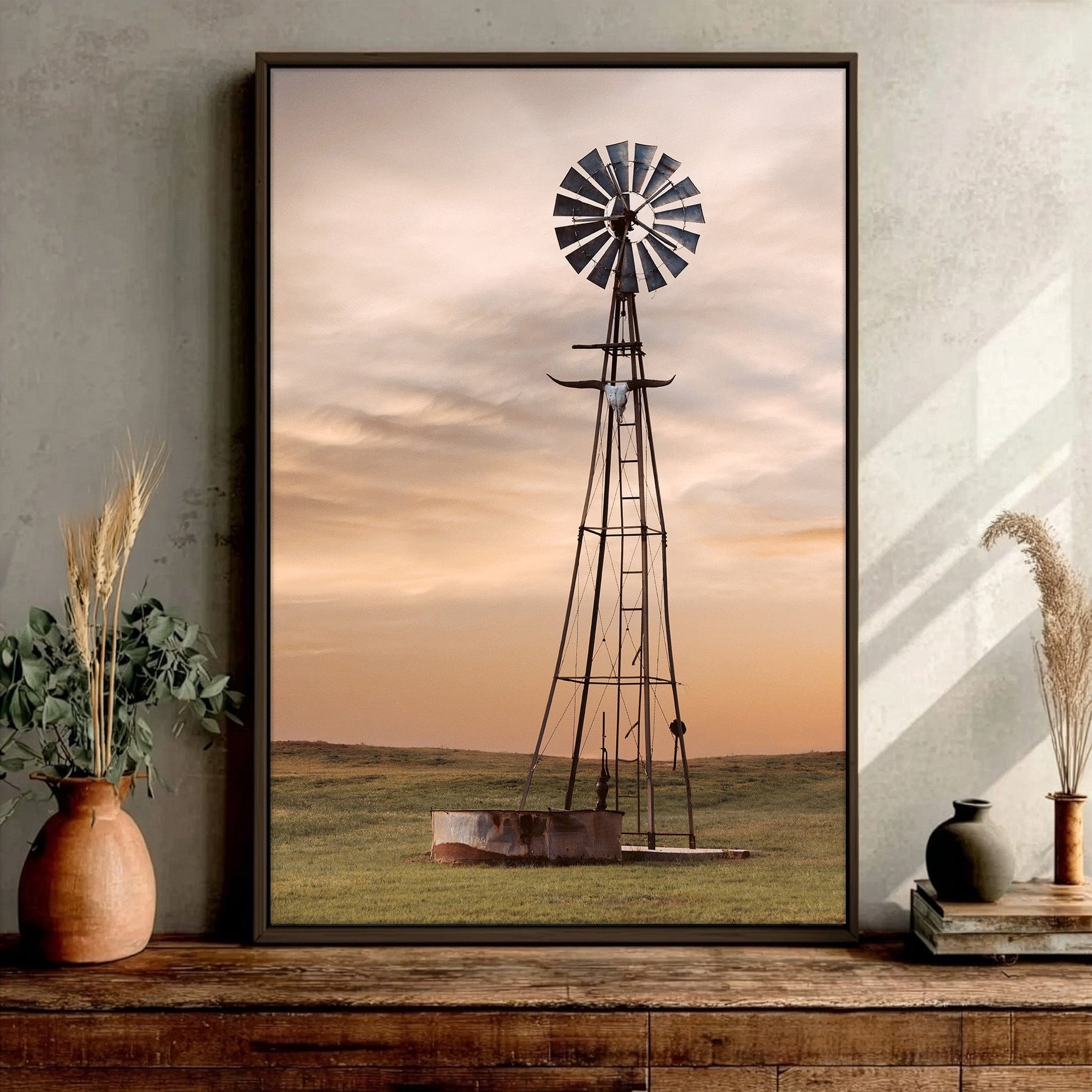 Old Windmill with Longhorn Skull and Horns Wall Art Teri James Photography