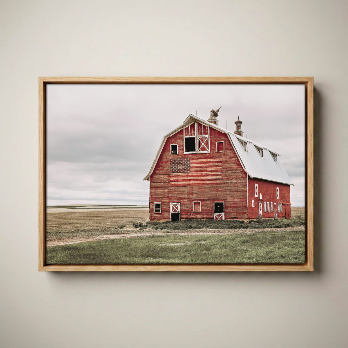 Patriotic American Flag Wall Art – Rustic Home Decor Canvas-Natural Oak Float Frame / 12 x 18 Inches