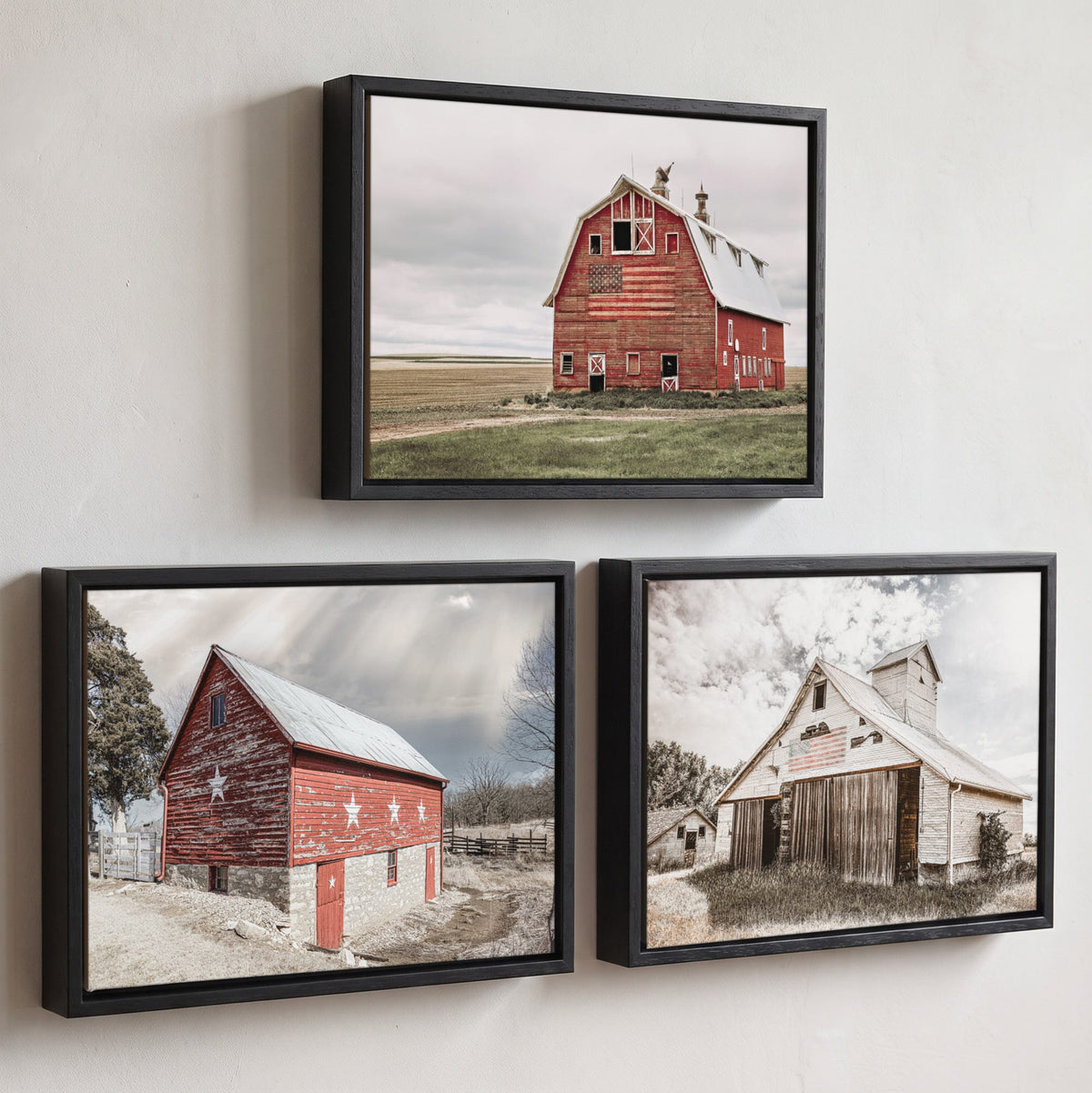 Patriotic Barn Prints - Set of 3 Old Barn Wall Prints Canvas-Black Float Frame (Set of 3) / 12 x 18 Inches
