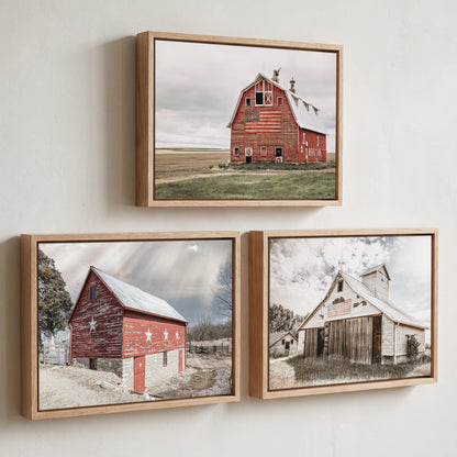 Patriotic Barn Prints - Set of 3 Old Barn Wall Prints Canvas-Natural Oak Float Frame (Set of 3) / 12 x 18 Inches