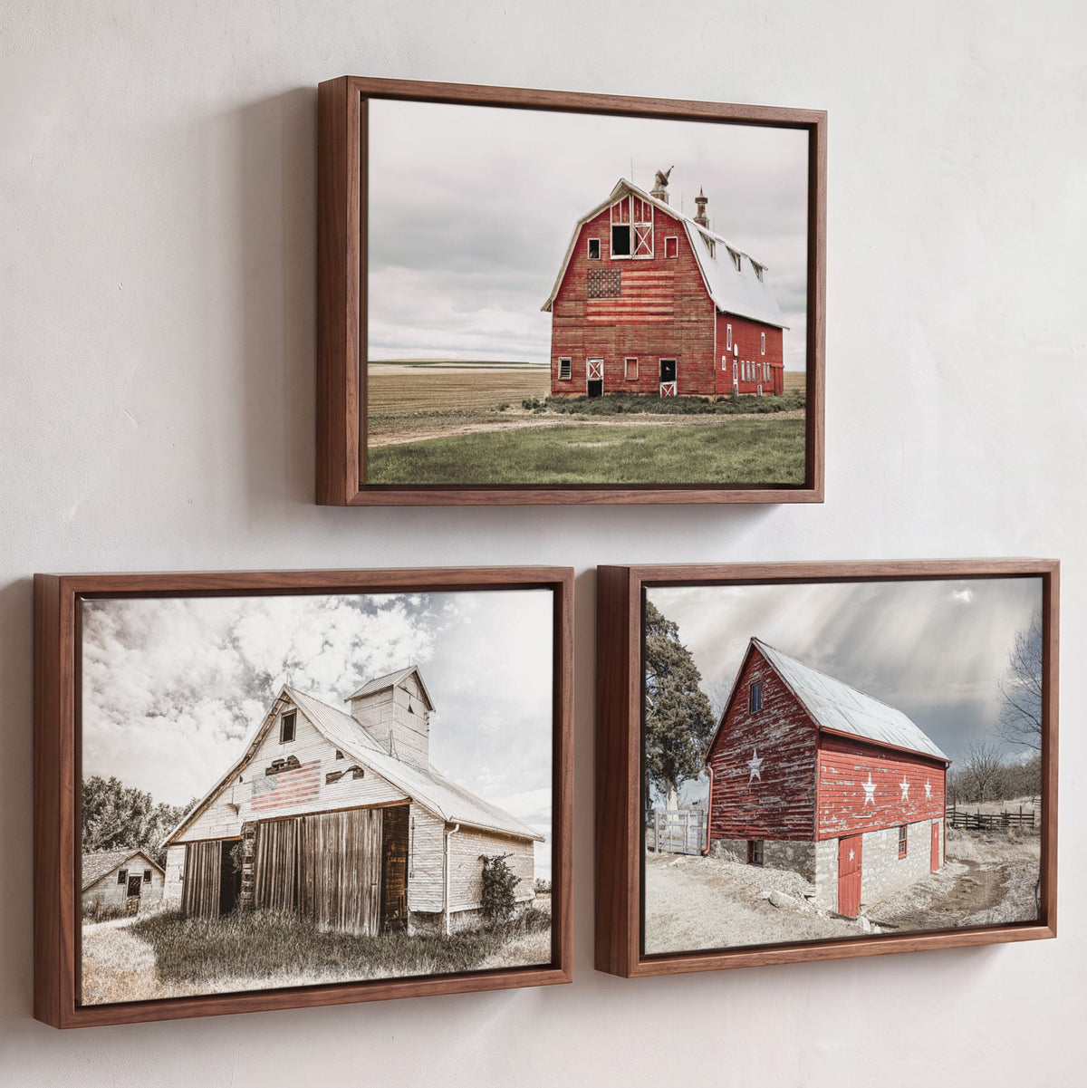 Patriotic Barn Prints - Set of 3 Old Barn Wall Prints Canvas-Walnut Float Frame (Set of 3) / 12 x 18 Inches