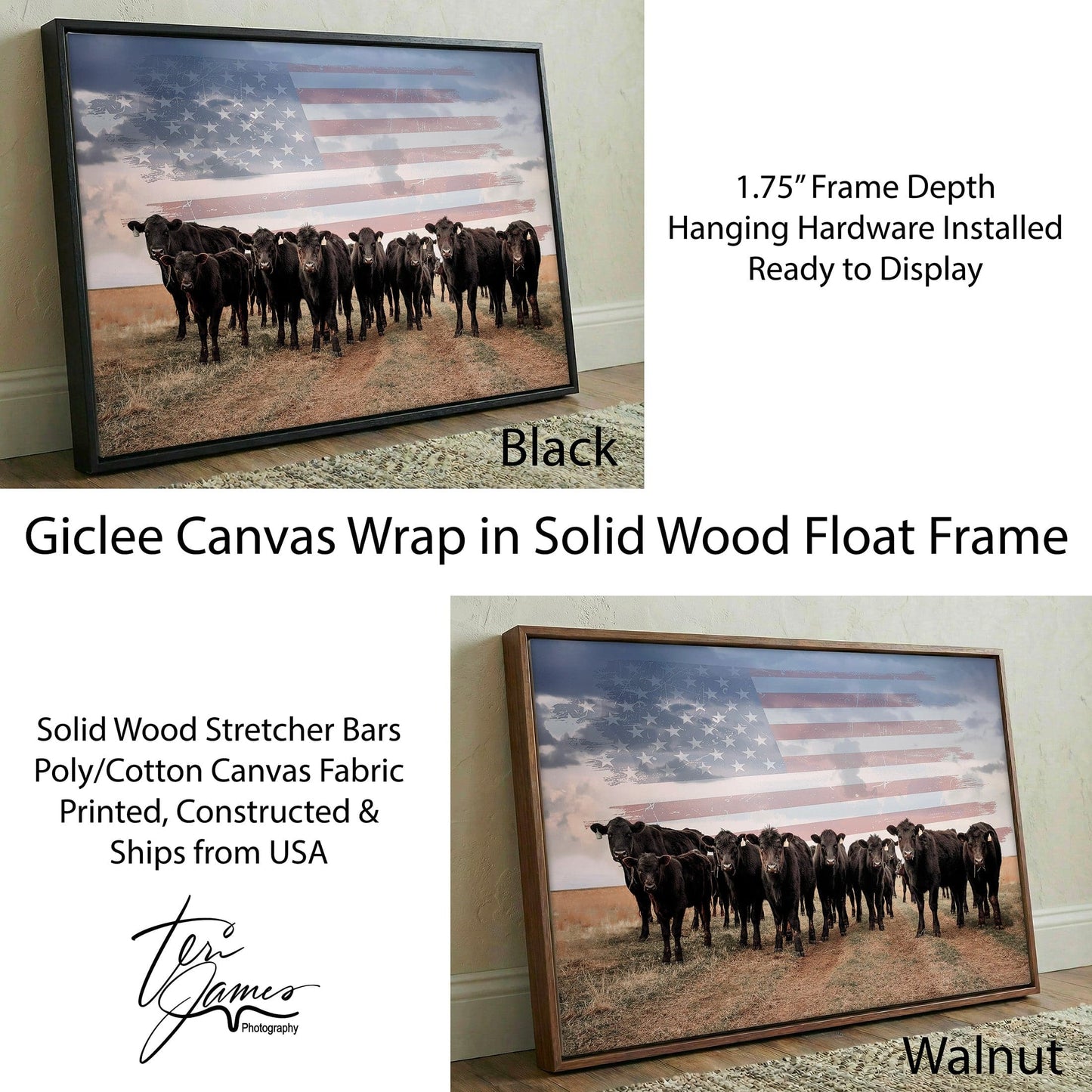 Patriotic Black Angus Art - American Flag Wall Art For Western Home Decor Canvas-Black Frame / 12 x 18 Inches Wall Art Teri James Photography